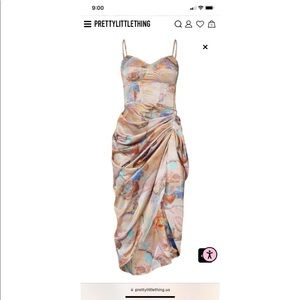 Multi Marble Print Satin Ruched Skirt Corset Detail Midi Dress